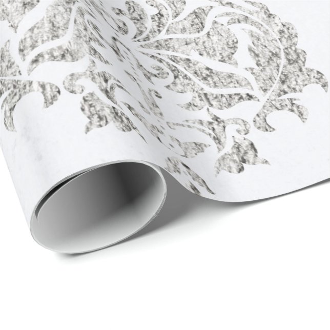 Papier Cadeau Damas Argent Et Blanc (Coin rond)