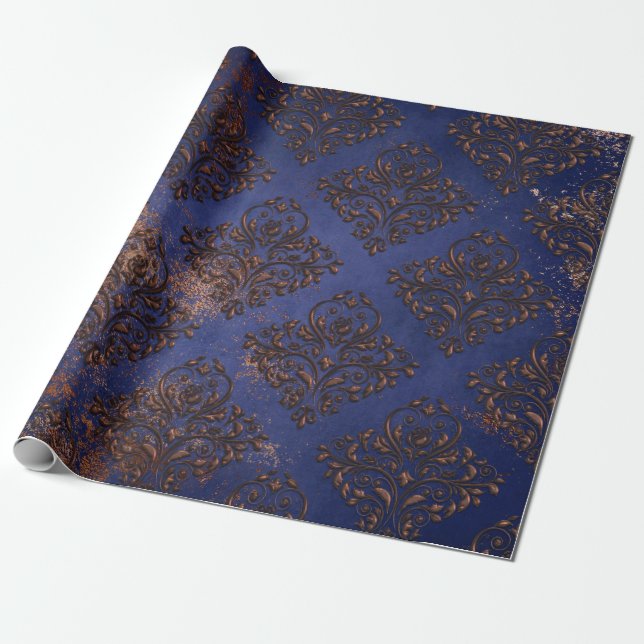 Papier Cadeau Damas de cuivre sur bleu violet (Déroulé)