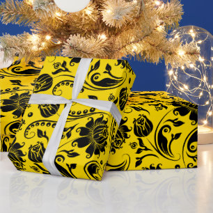 Papier Cadeau Damas Florales Noires Sur Jaune