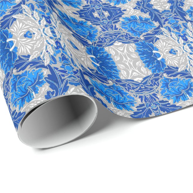 Papier Cadeau Damas florales, Sapphire bleu et gris (Coin rond)