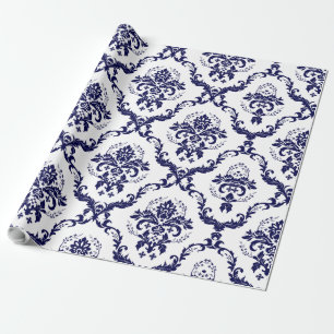 Papier Cadeau Damas Floraux Bleus Blancs Et Marine