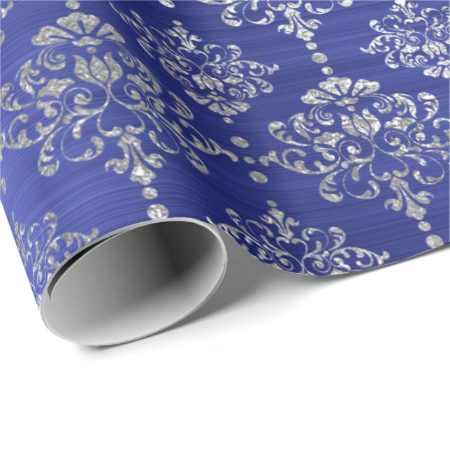 Papier Cadeau Damask Argent Cobalt Bleu Ornement Royal France (Coin rond)