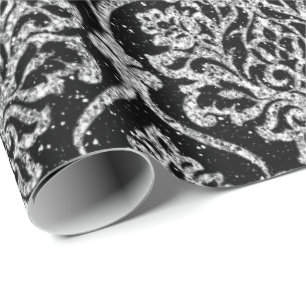 Papier Cadeau Damask Black Royal Grey Parties scintillant en arg