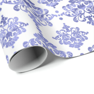 Papier Cadeau Damask Blue Cobalt Indigo Blanc Royal Floral