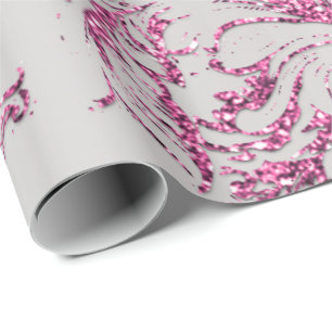 Papier Cadeau Damask Fuchsia Rose Metallic Grey Parties scintill