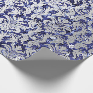 Papier Cadeau Damask Parties scintillant Blue Navy Silver Grey R
