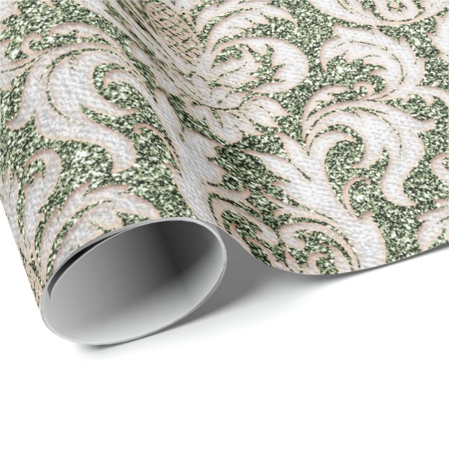 Papier Cadeau Damask Parties scintillant Mint Silver Grey Royal  (Coin rond)