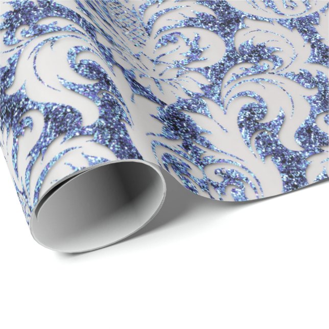 Papier Cadeau Damask Parties scintillant Silver Grey Royal Sapph (Coin rond)