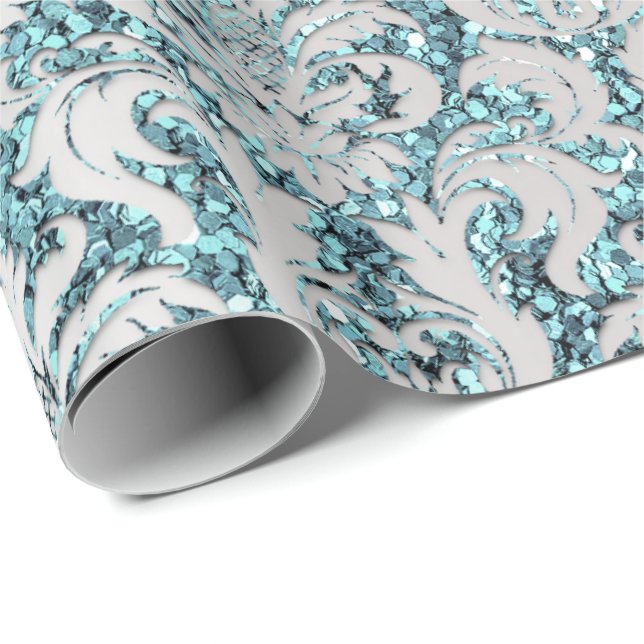 Papier Cadeau Damask Parties scintillant Tiffany Silver Grey Seq (Coin rond)