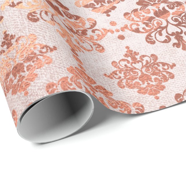 Papier Cadeau Damask Pink Cuivre Noir Métal Royal Floral (Coin rond)