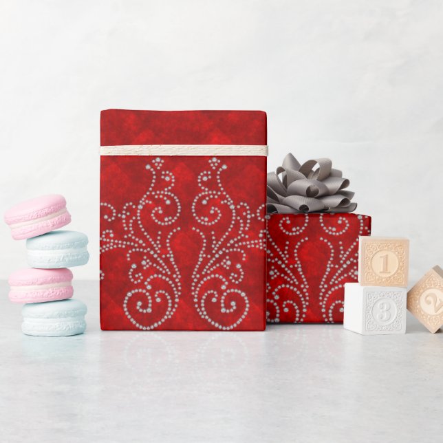 Papier Cadeau Damask Royal Diamond Silver Red Holiday hiver (Baby Shower)