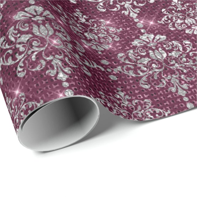 Papier Cadeau Damask Silver Grey Royal Burgundy Beet Sparkly (Coin rond)