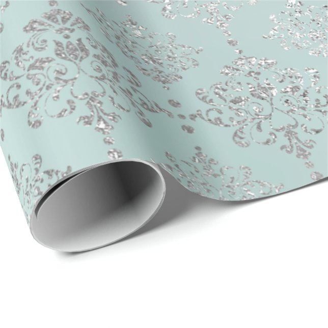 Papier Cadeau Damask Silver Ice Aqua Water Ornement Royal Formel (Coin rond)