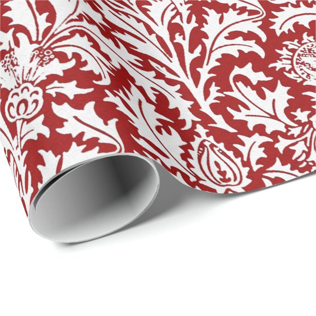 Papier Cadeau Damassé de chardon de William Morris, rouge foncé (Coin rond)