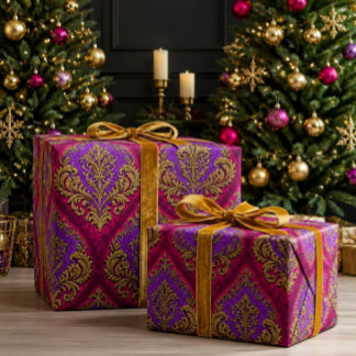 Papier Cadeau Damassé de luxe fuchsia, améthyste et or vieilli 