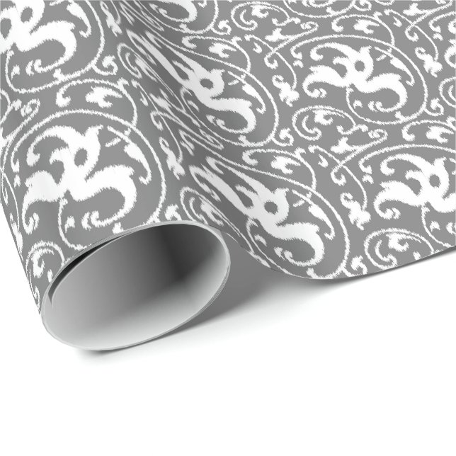 Papier Cadeau Damassé florale d'Ikat - gris/gris et blanc (Coin rond)