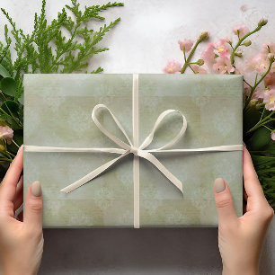 Papier Cadeau Damassé vert fumé délavé vintage écriture manuscri