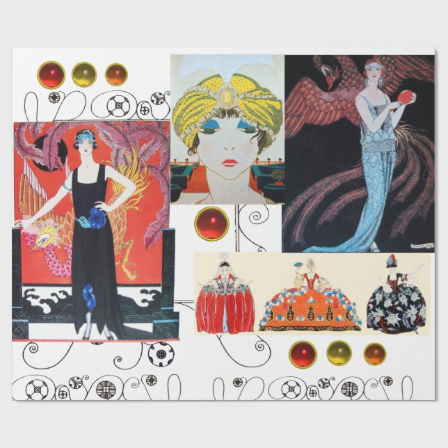 PAPIER CADEAU DAME AU PHÉNIX, MODE DE COSTUME DE BEAUTÉ ART DÉCO (Plat)