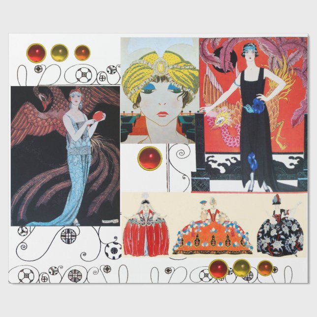PAPIER CADEAU DAME AVEC PHOENIX, ART DÉCO BEAUTY MODE COSTUME (Plat)