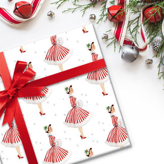 Papier Cadeau Dame de Noël rétro en rouge et blanc