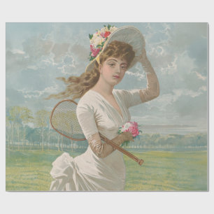 Papier Cadeau Dame de tennis victorienne avec chapeau à fleurs A