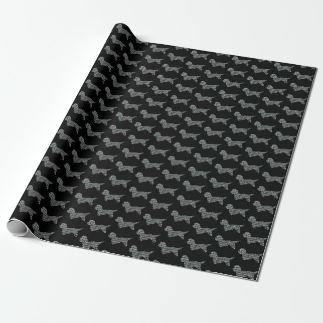 Papier Cadeau Dandie Dinmont Terrier Chien Silhouette Y&B Noir (Déroulé)