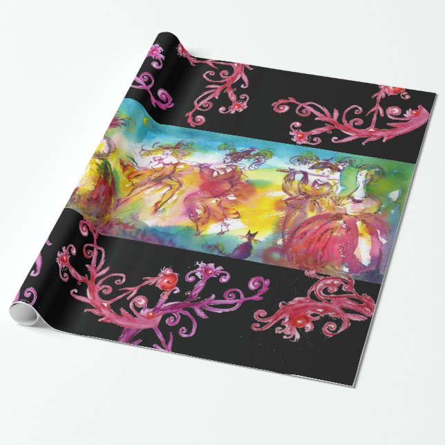 PAPIER CADEAU DANSE DE NUIT CARNIVALE, PURPLE ROUGE FLORAL SWIRL (Déroulé)