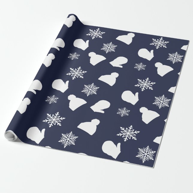Papier Cadeau Dark Blue Holiday Mittens et Casquettes de Noël (Déroulé)