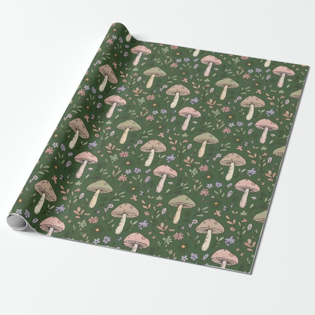 Papier Cadeau Dark Hunter Green Moody Fungi Seamless Pattern (Déroulé)