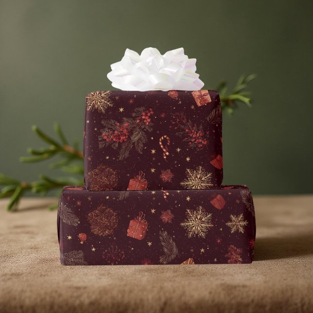 Papier Cadeau Dark Modern Elegant Holiday Patterns Pine Berry (Créateur téléchargé)