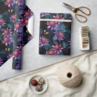 Papier Cadeau Dark Neon Tropical Purple Floral Pattern
