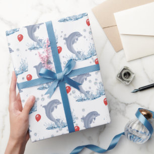 Papier Cadeau Dauphins avec Ballotte Rouge et Bulles