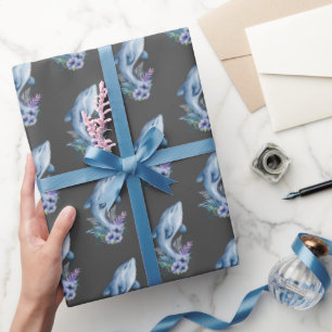 Papier Cadeau Dauphins et fleurs gris