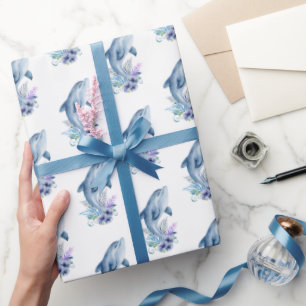 Papier Cadeau Dauphins et fleurs sur fond blanc