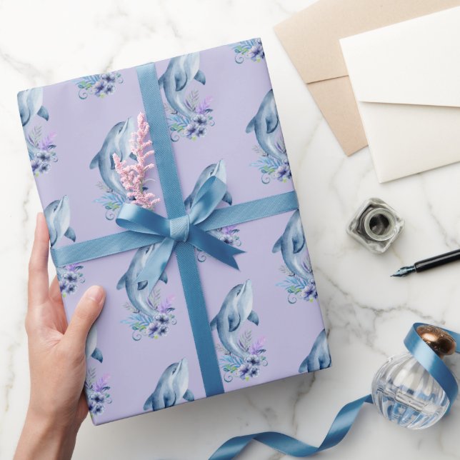Papier Cadeau Dauphins et fleurs sur violet (Cadeaux)