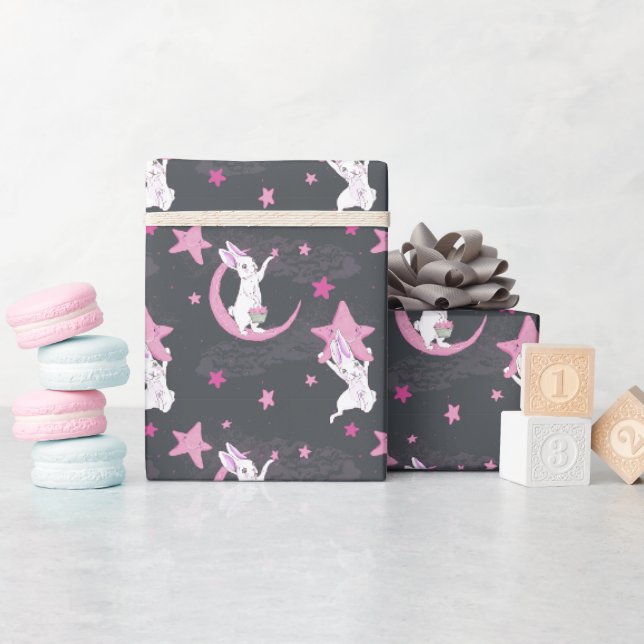 Papier Cadeau De belles lapines et des étoiles (Baby Shower)