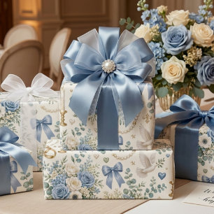 Papier cadeau de mariage floral or bleu poussiéreu