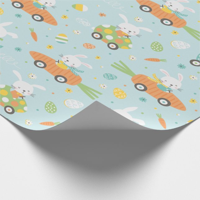 Papier Cadeau De mignons lapins de Pâques en carottes et voiture (Coin)