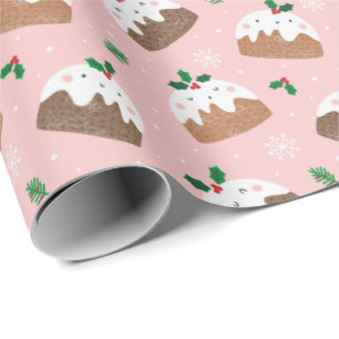 Papier Cadeau De mignons poudings de noël sur rose clair