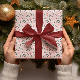Papier cadeau de Noël Canne à sucre rose et houx