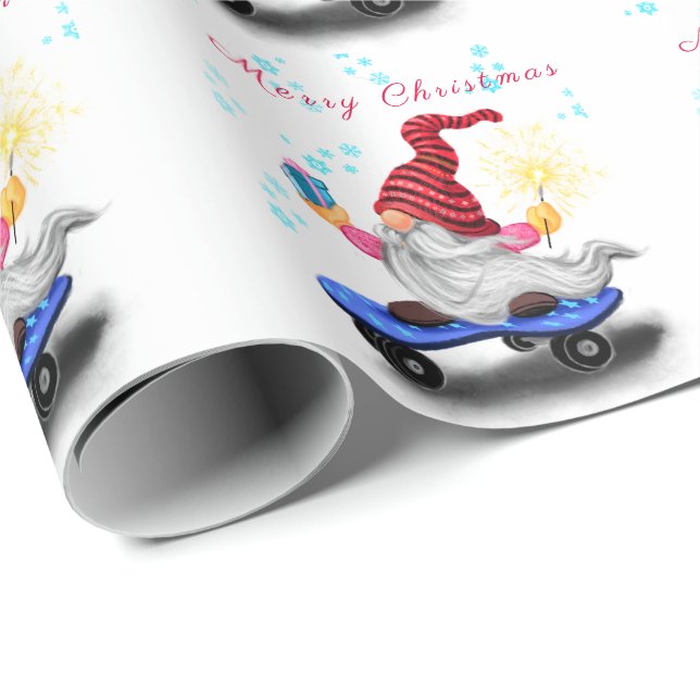 Papier cadeau de Noël Gnome avec cadeaux (Coin rond)