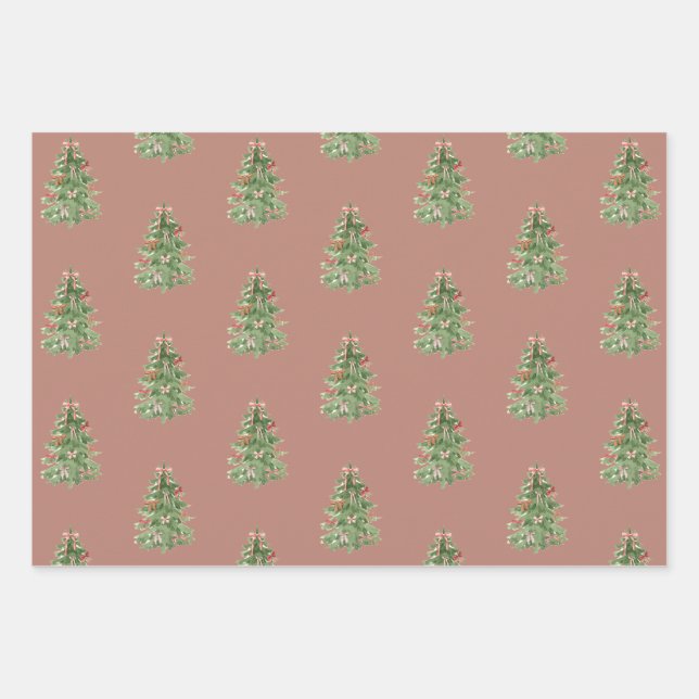 Papier cadeau de Noël rose vert Arbres de Noël Bow (Devant)