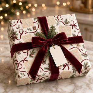 Papier cadeau de Noël vintage avec ruban bordeaux