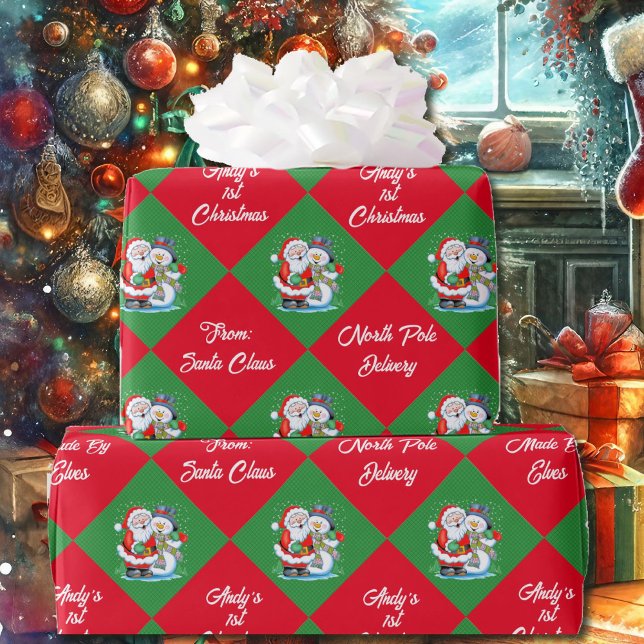 Papier Cadeau De Père Noël Premier 1er Noël Personnaliser le nom (Créateur téléchargé)