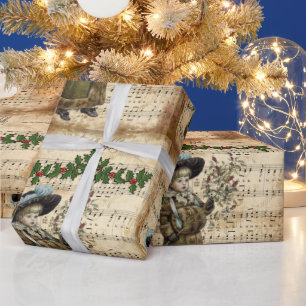 Papier Cadeau Deck the Hall Cantique de Noël Ephemera Vintage