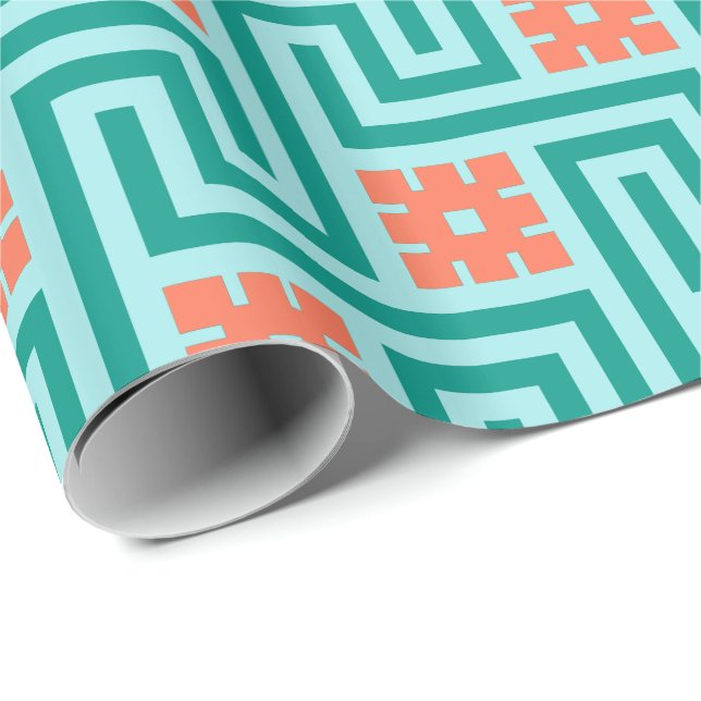 Papier Cadeau Déco clé grecque, turquoise, aqua et corail (Coin rond)