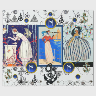 PAPIER CADEAU DÉCO NAUTIQUE BEAUTÉ MODE BLEU GEM MONOGRAMME