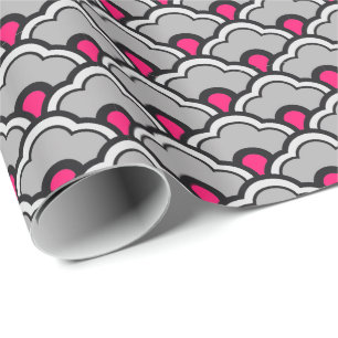 Papier Cadeau Déco pétoncles chinois, gris / gris, noir et rose