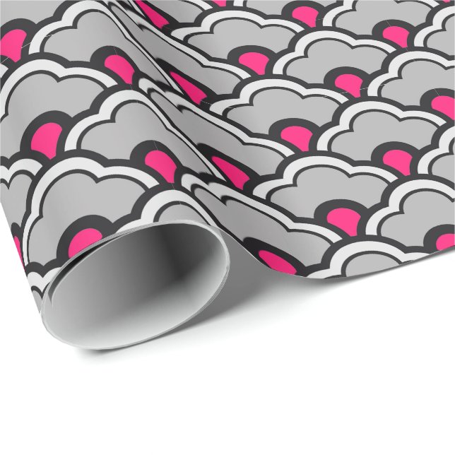 Papier Cadeau Déco pétoncles chinois, gris / gris, noir et rose (Coin rond)