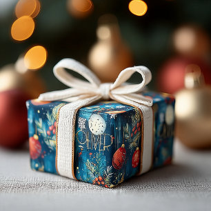 Papier Cadeau Décor bleu et rouge personnalisé Noël